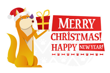Merry Christmas and Happy New Year postcard template with the cute yellow dog with the red gift on white background. The dog cartoon character vector flat illustration.