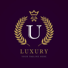 Luxury calligraphic letter U crown key monogram logo. Laurel elegant beautiful identity with crown and key. Vector letter emblem U for Royalty, Property, Restaurant, Boutique, Hotel, Heraldic, Jewelry