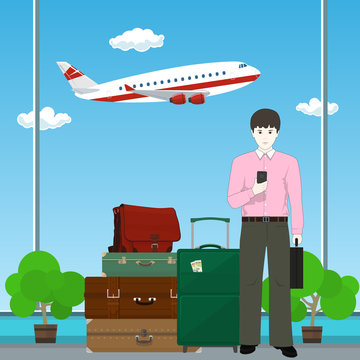 European Man with Traveler's Baggage against the Background of a Take-off Airplane at the Airport , Business Tourism , Vector Illustration