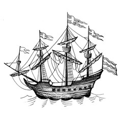 Old caravel, vintage sailboat. Hand drawn sketch.