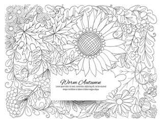 Banner, poster or invitation with autumn flowers, leaves and pla