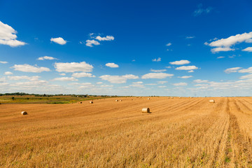 Obraz premium Wheat field after harvest with straw bales at sunset