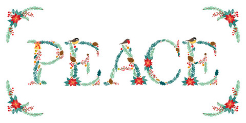 Cute vintage hand drawn rustic floral Christmas quote