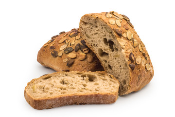 Organic, rustic bread with pumpkin seeds isolated on white background. Clipping path included.