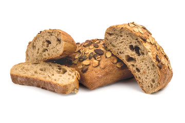 Organic, rustic bread with pumpkin seeds isolated on white background. Clipping path included.