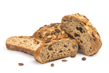 Organic, rustic bread with pumpkin seeds isolated on white background. Clipping path included.