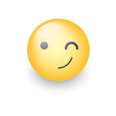 Winking fun cartoon emoji face. Wink and smile happy vector emoticon. Smiley for chat and app.