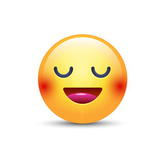 Fun cartoon emoji smiley icon face. Happy smiling emoticon with closed eyes.