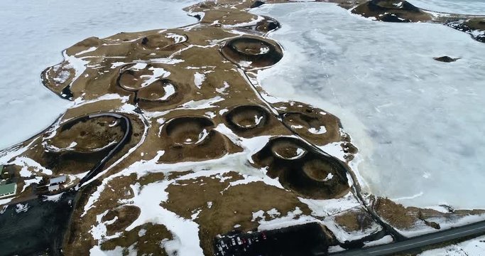 Aerial view of pseudocraters near the frozen lake Myvatn - northern Iceland