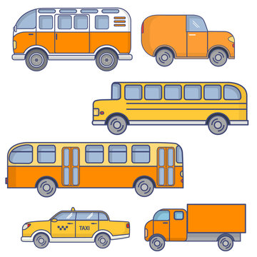 Set of city vehicles. Passenger urban bus. The school yellow bus for children. Retro tourist van. Taxi sedan car. The truck for delivery and transportation of goods.In flat linear style a vector.