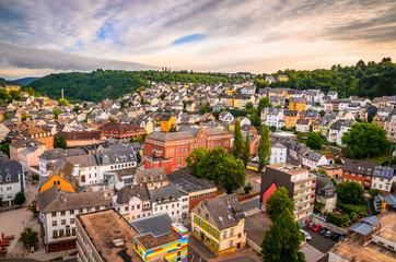 Fototapeta premium Panoramic aerial view of Idar-Oberstein at sunset, Germany