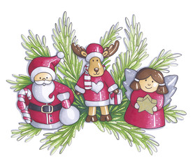 Christmas card Santa Claus, reindeer, angel on pine tree background