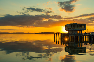 Fototapeta premium sunset over Lake in Umbria Italy