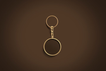 Blank gold round black key chain mock up top view, 3d rendering. Dark golden circular keychain design mockup isolated. Empty plain keyring souvenir holder template. Steel circle trinket label