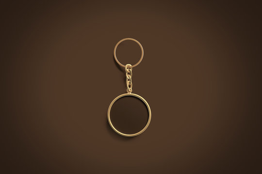 Blank Gold Round Black Key Chain Mock Up Top View, 3d Rendering. Dark Golden Circular Keychain Design Mockup Isolated. Empty Plain Keyring Souvenir Holder Template. Steel Circle Trinket Label