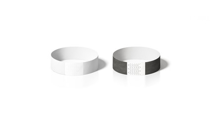 Blank black and white paper wristband mockup, front view, 3d rendering. Empty event wrist band design mock up. Cheap hand bracelets template, isolated. Clear concert bangle wristlet set with sticker.