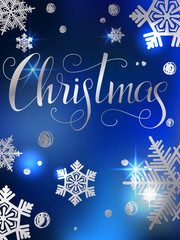 Christmas lettering. Hand written Christmas poster. Modern hand lettering on a blue sparkling background with silver stars and snowflakes
