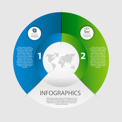 Circular infographics of 2 steps, segments for annual reports, charts, presentations, workflow layout, banner, number options, step up options, web design with symbols and space for text