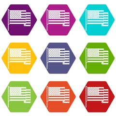 American flag icon set color hexahedron