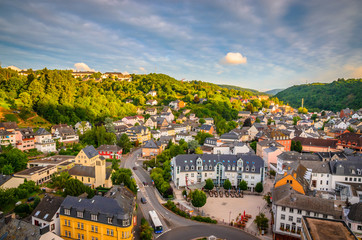 Panoramic aerial view of Idar-Oberstein at sunset, Germany