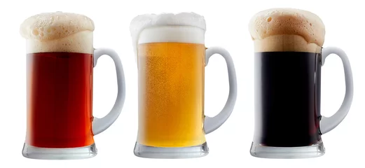Foto op Canvas Mug collection of frosty dark red and light beer with foam isolated on a white background © Vasyl Onyskiv