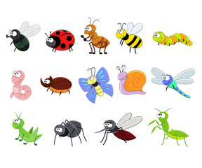 Big set of funny cartoon insects. Vector insects. Bee, worm, snail. Butterfly, caterpillar,  spider, mosquito,  ladybug, mantis, dragonfly, fly, rhinoceros beetle, ant. Comic insects