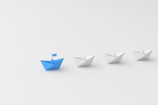 Leadership concept, blue leader boat leading white. 3D rendering