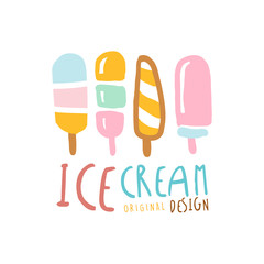 Ice cream logo design, element for restaurant, bar, cafe, menu, sweet shop, colorful hand drawn vector illustration