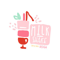 Milk shake logo template in pink colors, badge for restaurant, bar, cafe, menu, sweet shop, hand drawn vector illustration