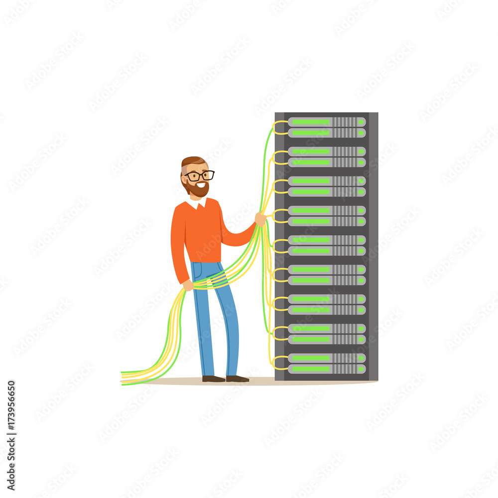 Poster system administrator, server admin working with hardware equipment of data center, server maintenanc