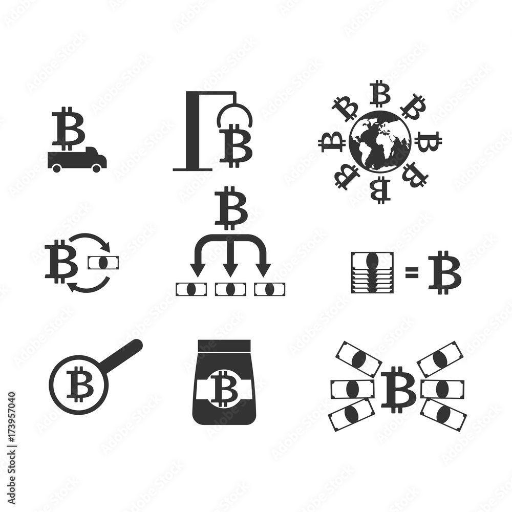 Poster bitcoin icon set. cryptocurrency extraction and exchange set icon. mining . racks of gpu symbol. vec