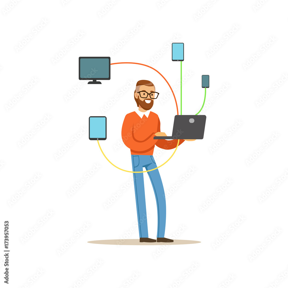Poster engineer system it administrator servicing the computer system, networking service vector illustrati