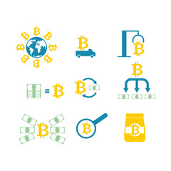 Cryptocurrency Extraction and exchange set icon. Mining bitcoin farm icon. Racks of GPU symbol. Vector illustration