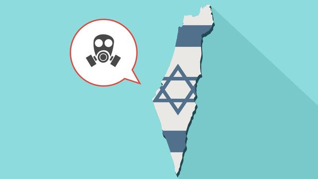 Animation of a long shadow Israel map with its flag and a comic balloon with a gas mask