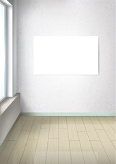 Bright empty room with a window. Room in perspective. White picture without a frame on the wall. Interior design and furniture elements. White blank frame for adding pictures.Vector.