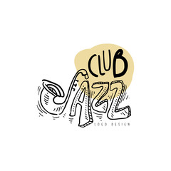 Jazz club logo, vintage music label, element for flyer, card, leaflet or banner, hand drawn