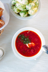 Beautiful ukranian borscht at cafe or restaurant.
