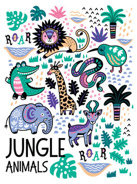 Fashion safari seamless pattern with jungle animals in vector