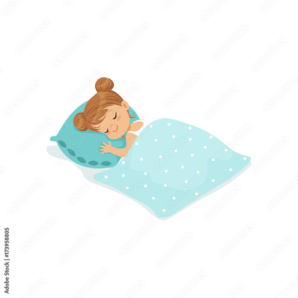 Poster Sweet little girl sleeping on her bed cartoon character vector illustration