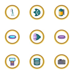 Photo studio icons set, cartoon style