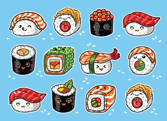 Naklejka premium Kawaii rolls and sushi manga cartoon set. Vector illustration
