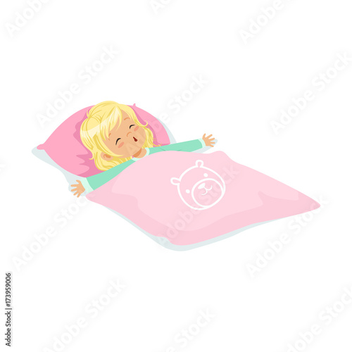 "Sweet blonde little girl sleeping on her bed cartoon character vector
