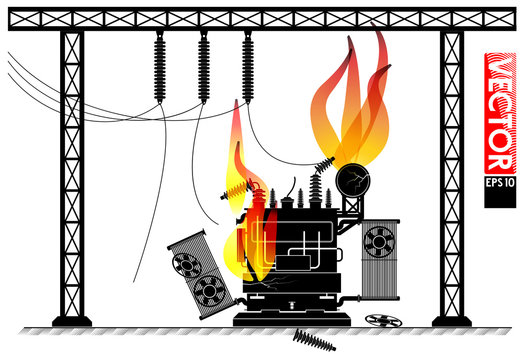 Accident at the transformer substation. Fire on the transformer. Power outage. Blackout news. Wires and supports.