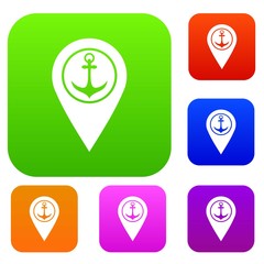 Map pointer with symbol anchor and sea port set color collection