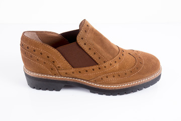 Female Brown Leather Shoe on White Background, Isolated Product.