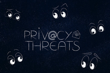 Privacy threats text surrounded by eyes staring or spying