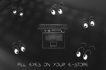 Obraz premium laptop with shop awnings and online shopping button surrounded by cartoon eyes staring