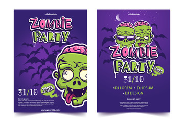 Zombie party a4 invitation banner. Funny cartoon monster face on lilac background with silhouette of bats. Halloween costume party concept. Applicable for flyer,poster, banner. Vector illustration.