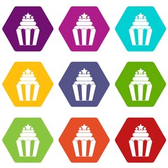 Popcorn icon set color hexahedron