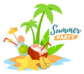Vector creative illustration of a sandy island in the ocean with a green palm tree, starfish, flip flops, coconut, cocktail on white background with title.